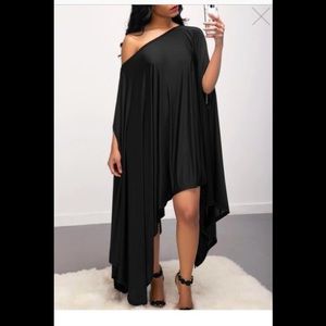 Black off the shoulder asymmetrical hem dress